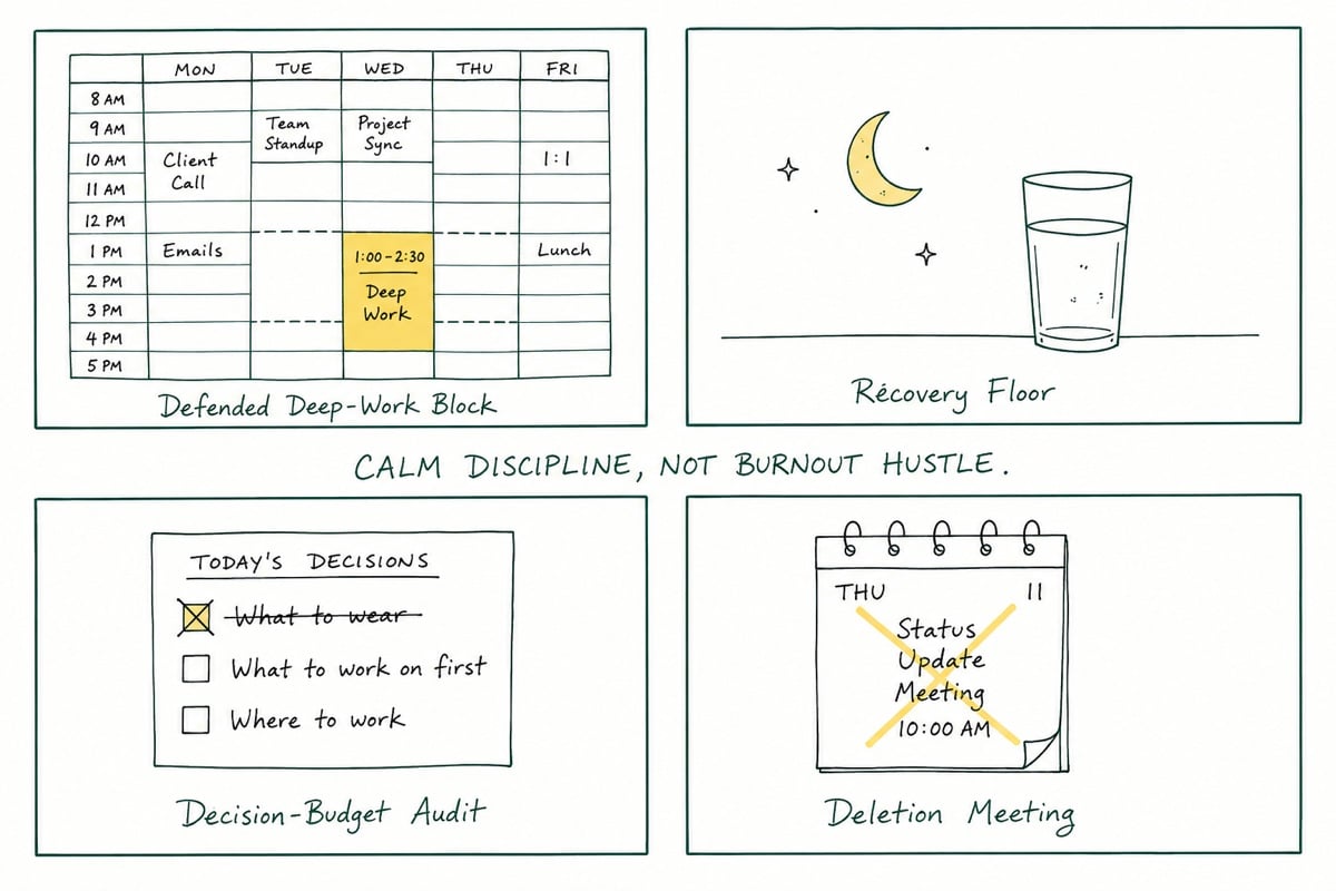 Hand-drawn four-quadrant diagram of the weekly burnout-recovery operating mode: a defended deep-work block marked on a weekly calendar, a recovery floor shown as a moon and a glass of water, a decision-budget audit checklist, and a deletion meeting crossing out a recurring status meeting. Centered caption reads: calm discipline, not burnout hustle.