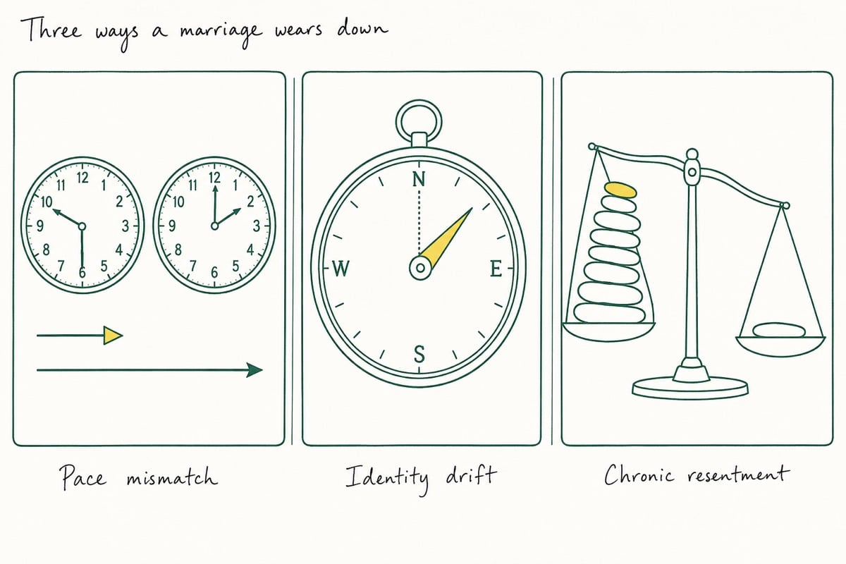 Three ways an unhappy marriage wears down at midlife: pace mismatch (two clocks set to different times), identity drift (a compass needle drifted off its heading), and chronic resentment (a leaning stack of stones tipping a balance scale).