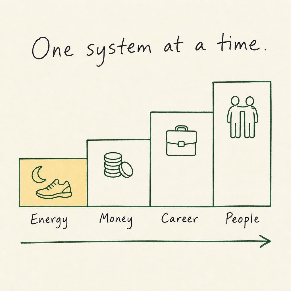A hand-drawn staircase diagram showing the rebuild sequence one system at a time: Energy first as the keystone, then Money, then Career, then People.