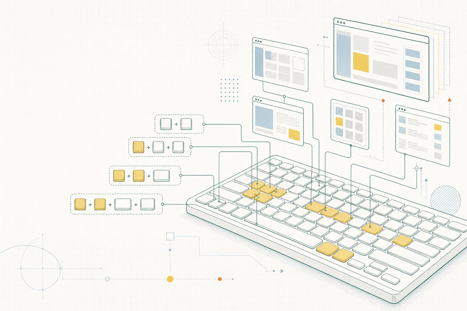 Keyline illustration of advanced Windows keyboard shortcut combinations controlling app windows