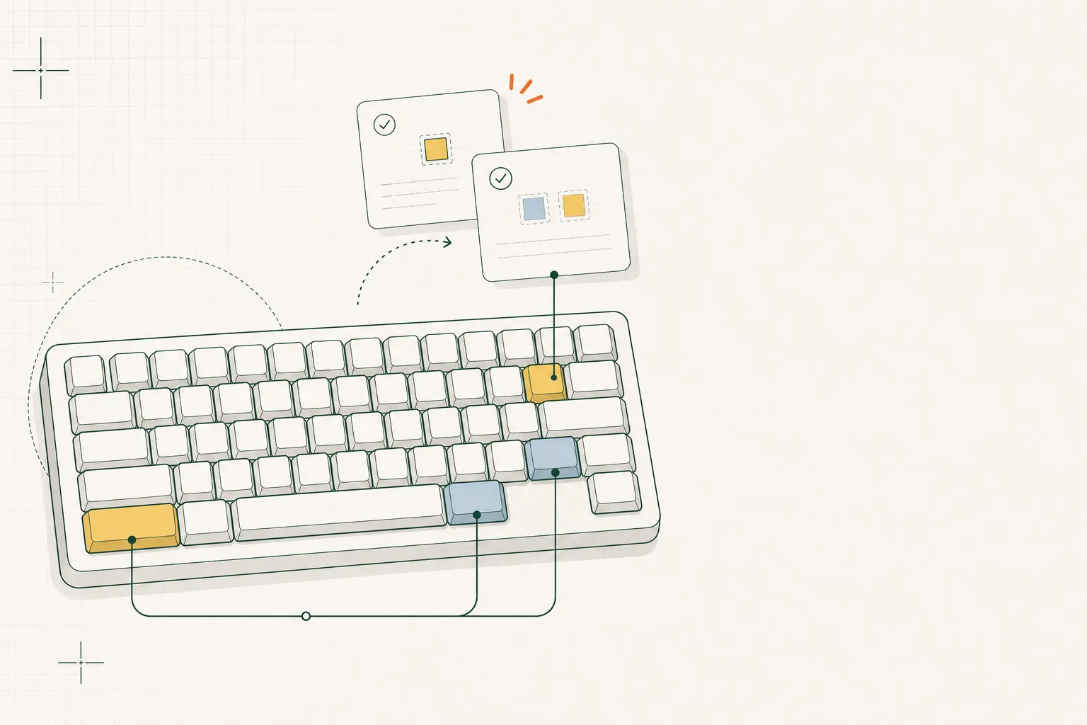 Keyline illustration of essential Windows keyboard shortcuts shown as connected keys