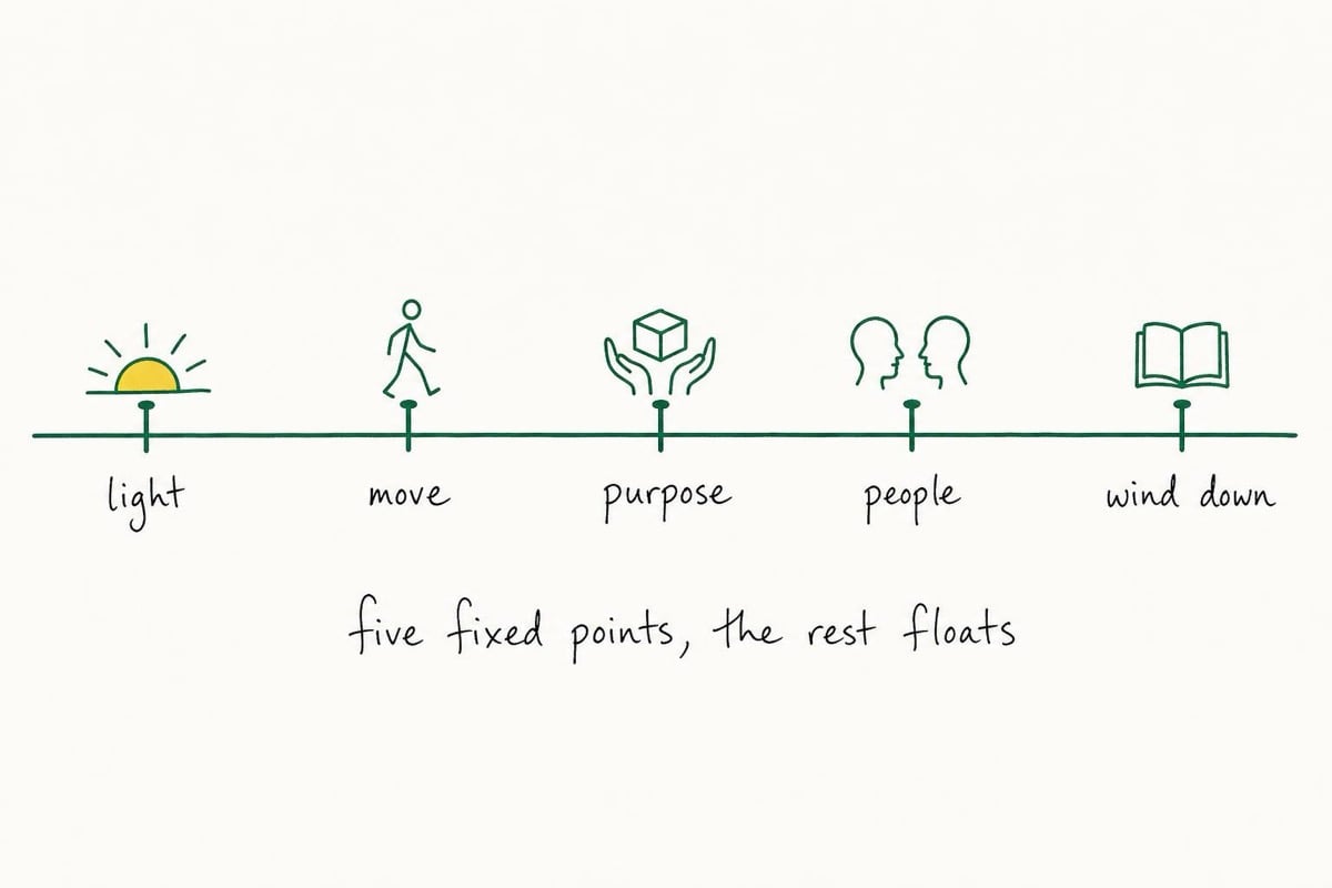A keyline drawing of one day as a single long horizontal line, with five anchor posts standing on it labeled light, move, purpose, people, and wind down, and wide open space left between them, captioned "five fixed points, the rest floats".