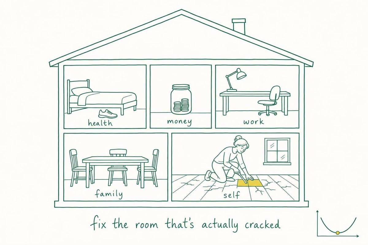 A keyline cutaway drawing of a house with five rooms labeled health, money, work, family, and self, where a woman kneels to patch the one cracked floor while the other rooms wait, captioned "fix the room that's actually cracked".