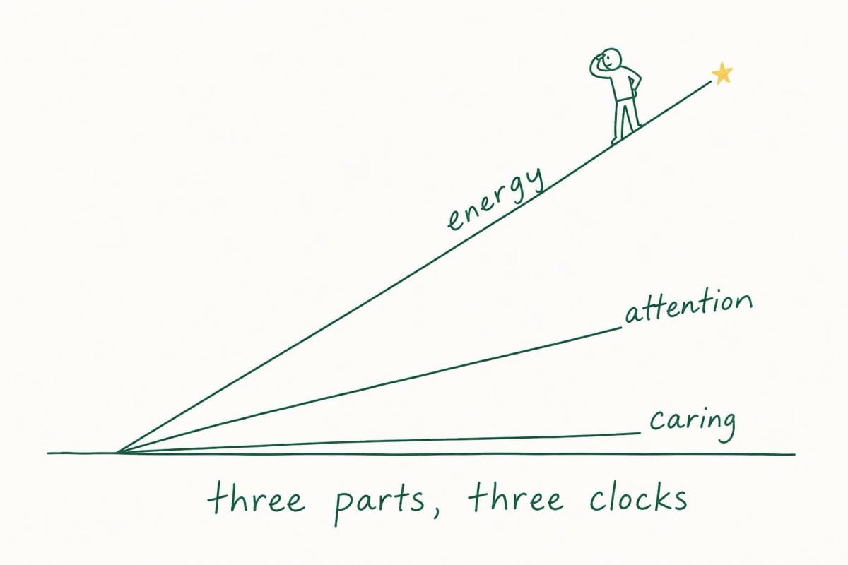 Line drawing of three lines rising from one shared starting point at three different angles, handwritten-labeled energy, attention and caring, with a small figure standing high on the energy line looking back at the two lines still below it. Caption: three parts, three clocks.
