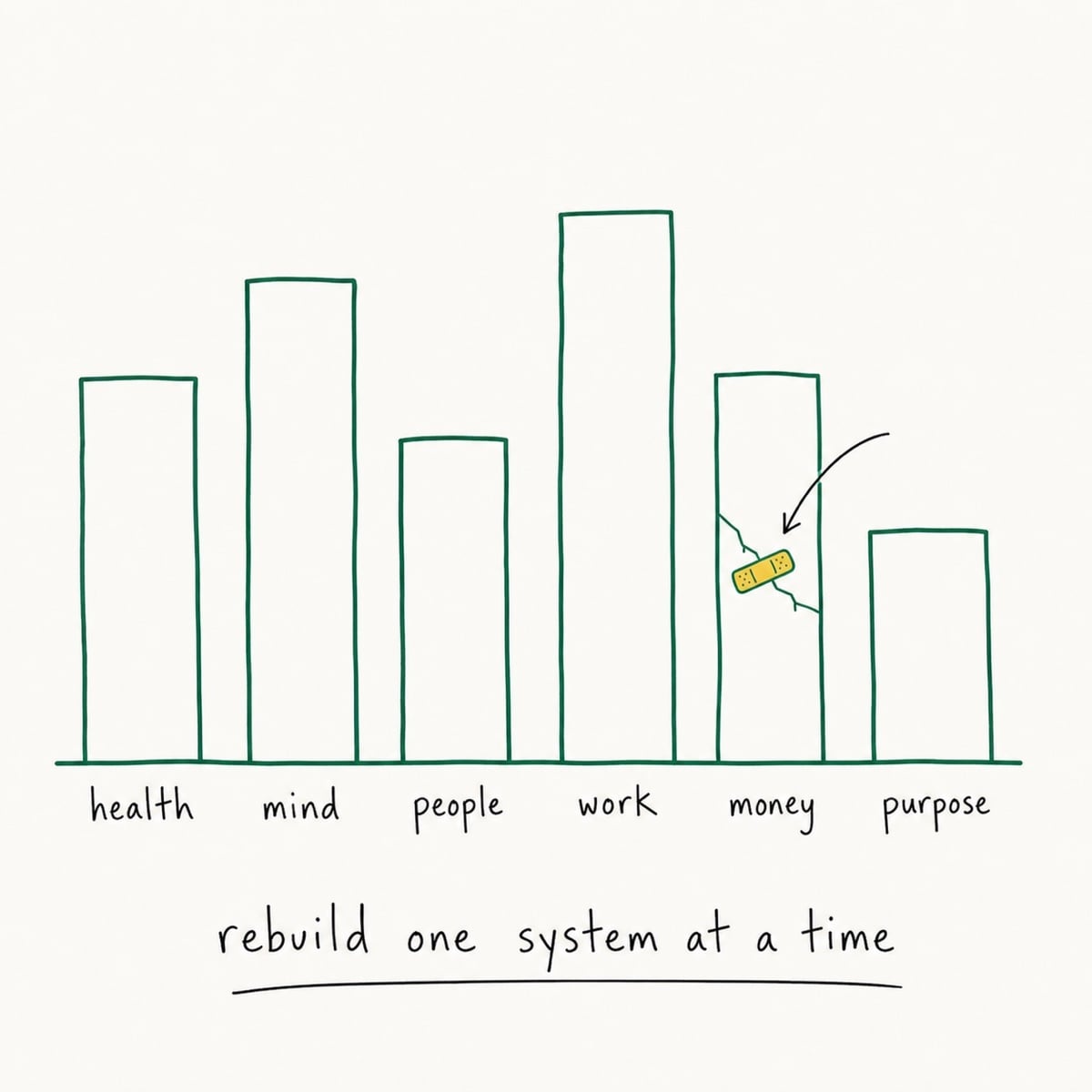 Six connected life systems shown as uneven pillars, with one cracked system repaired before the others and the caption rebuild one system at a time.