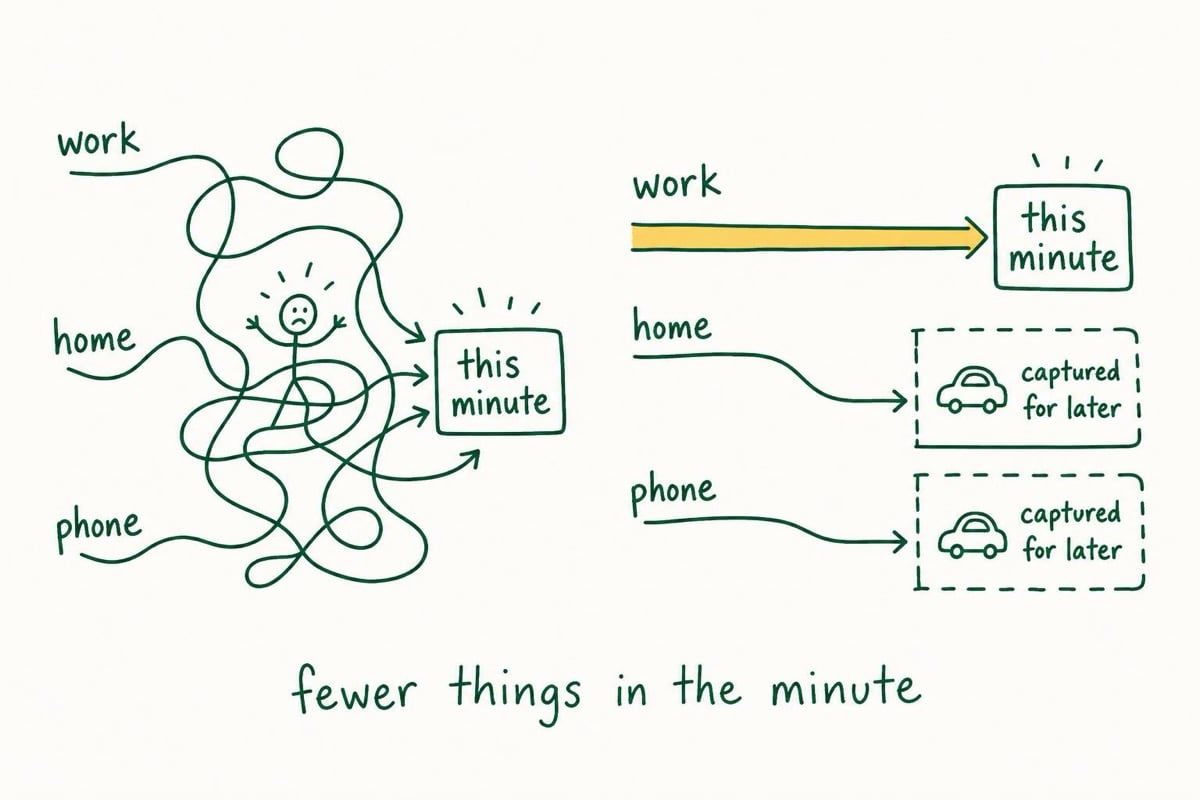 A two-panel keyline drawing contrasts work, home, and phone colliding in one minute with one clear lane while the other demands wait for later.