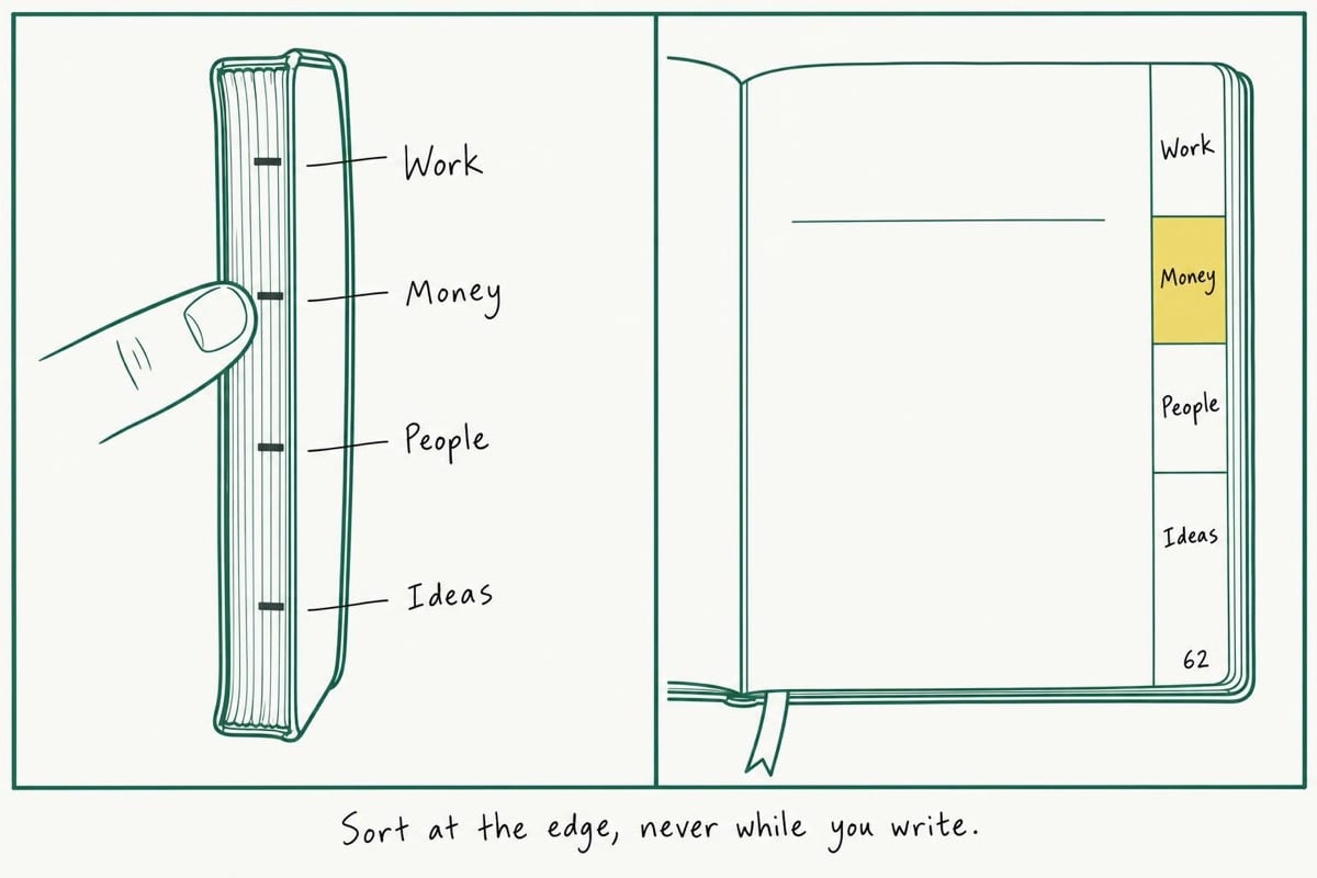 Two-panel drawing of notebook page-edge stripes and a four-band page margin showing how edge marks lead back to indexed notes.