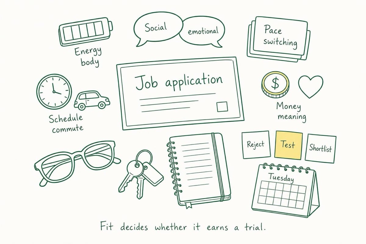 A keyline worktable drawing places a job application among five load checks for energy, people, pace, schedule, and return, with Reject, Test, and Shortlist notes beside a Tuesday calendar.