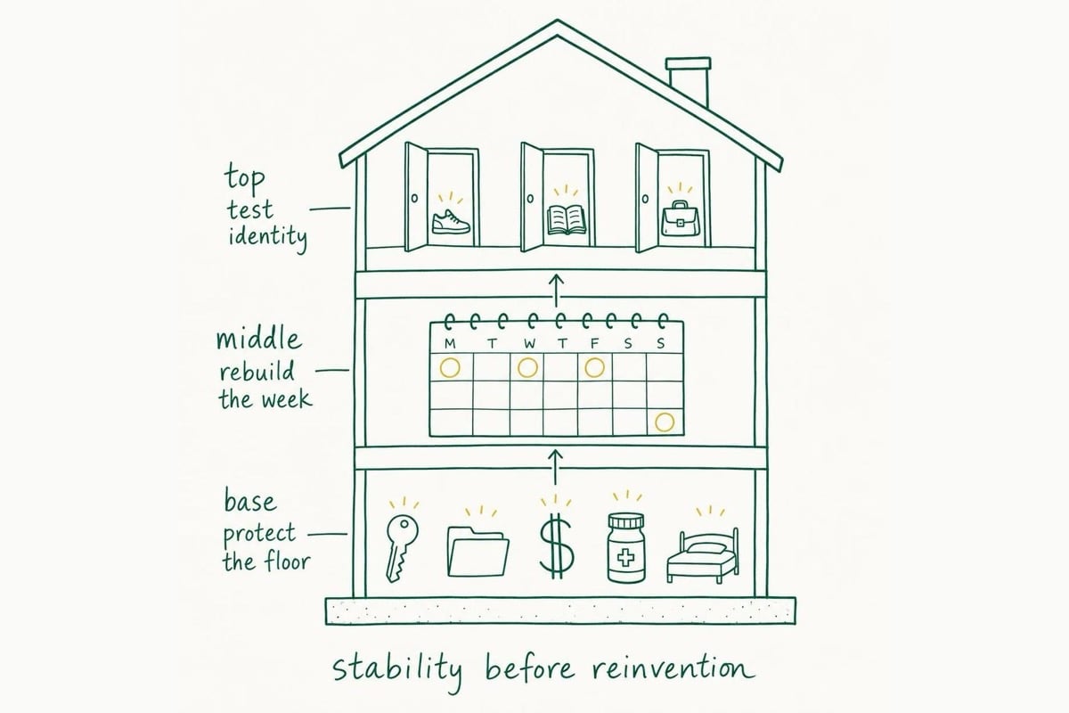 A three-level house diagram places safety, documents, money, medicine, and sleep at the base, weekly anchors in the middle, and reversible identity choices at the top to show stability before reinvention.