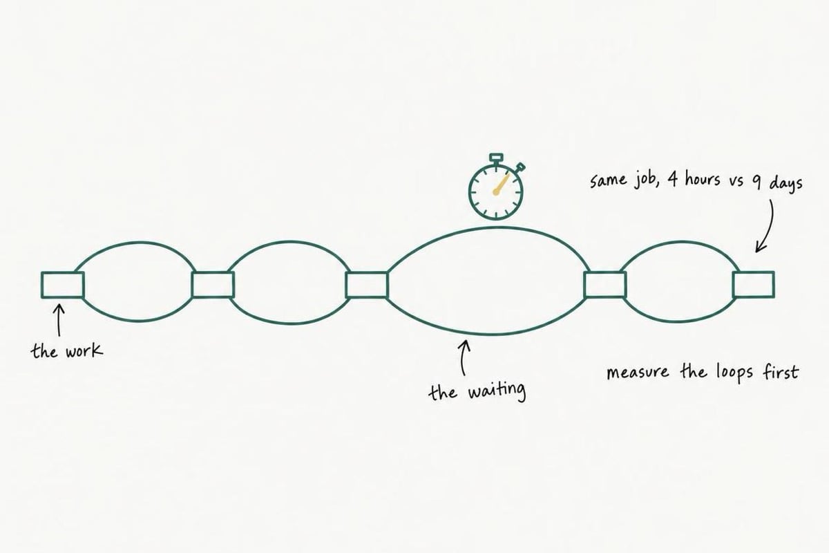 A green keyline drawing shows five small work boxes separated by wide waiting loops, with a stopwatch over the longest delay.