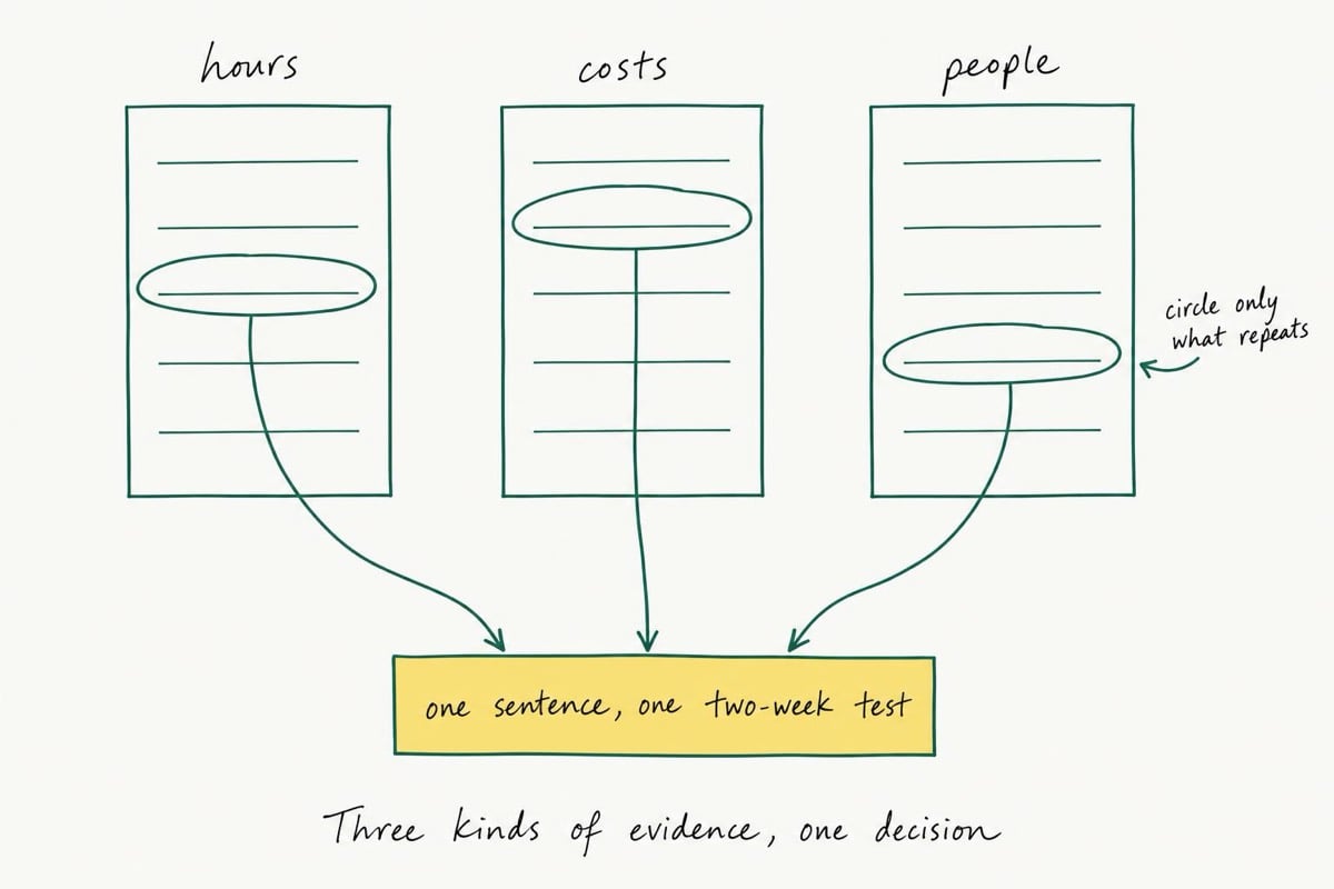 Keyline drawing of three notebook columns labeled hours, costs and people, with one circled answer in each column and arrows converging on a box that reads one sentence, one two-week test: only answers that repeat across the three kinds of evidence feed the decision.