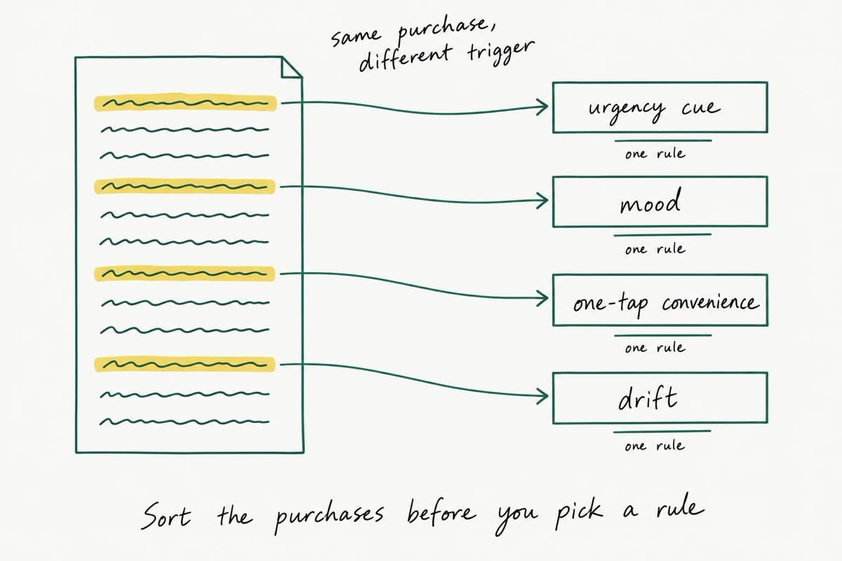 Keyline drawing of a 30-day card statement with four highlighted rows, each arrowed to one trigger box (urgency cue, mood, one-tap convenience, drift) with a blank line for one rule under each, captioned: sort the purchases before you pick a rule.