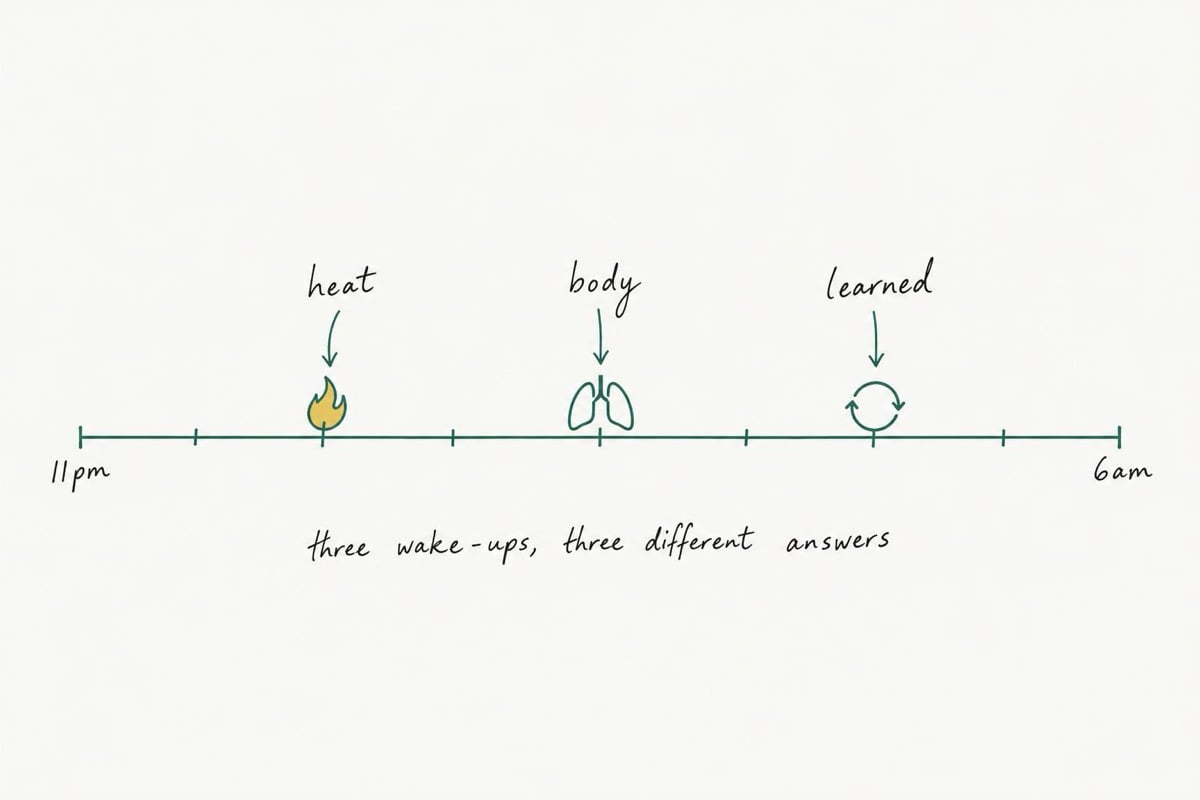 A single night drawn as a timeline from 11pm to 6am with three different wake marks, a flame labeled heat, a pair of lungs labeled body and a looping circle labeled learned, showing that each kind of waking calls for a different answer.