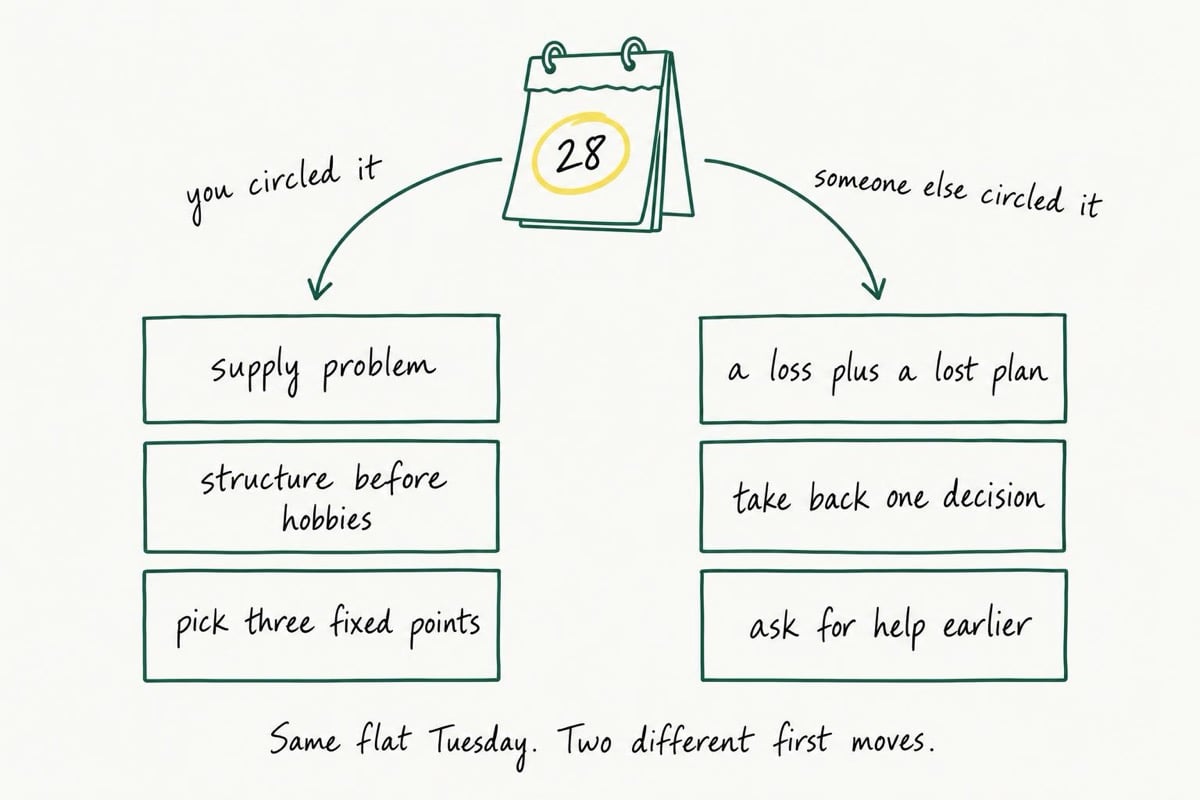 Hand-drawn diagram of a desk calendar with the last working day circled, splitting into two paths: if you circled the date, a supply problem met with structure before hobbies and three fixed points; if someone else circled it, a loss plus a lost plan met by taking back one decision and asking for help earlier.
